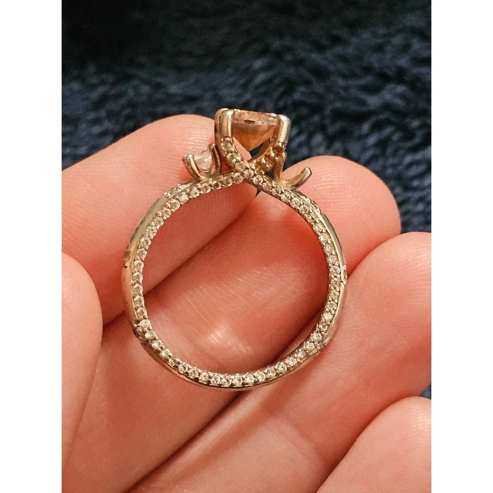 Peach Champagne Stone Three Stone Pavé Band Ring Size 7.75 Vintage Style